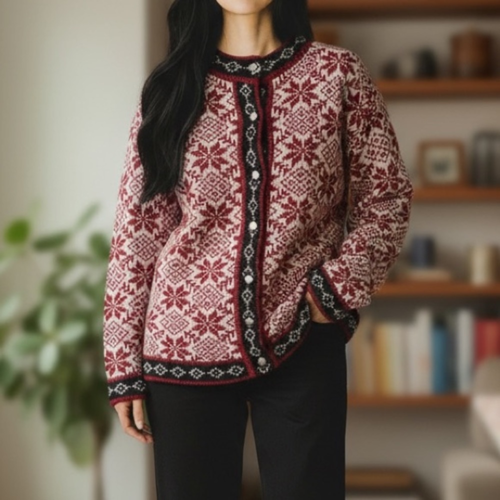 Woolrich Women’s Festive Red and White Cardigan Wool Blend Sz M
